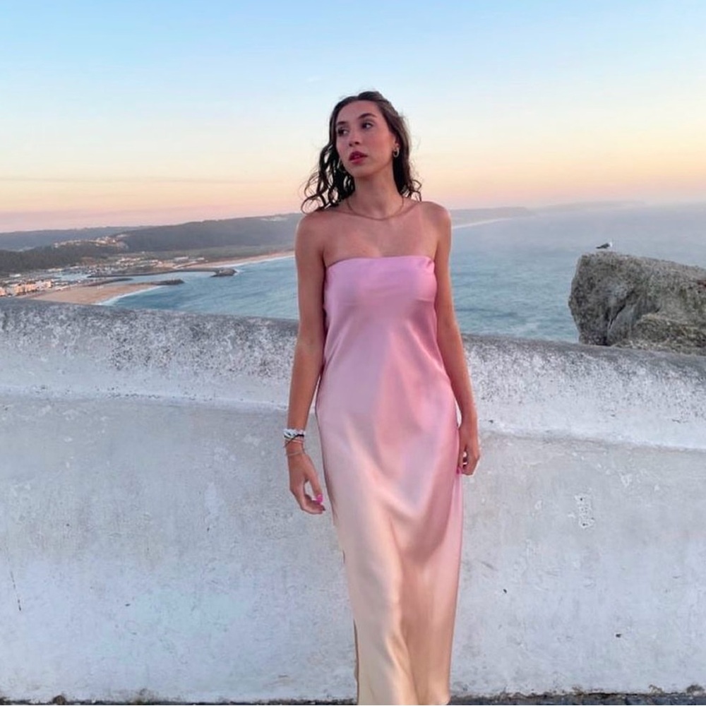 Zara Pink Satin Strapless Slip Dress - Picture 3 of 13